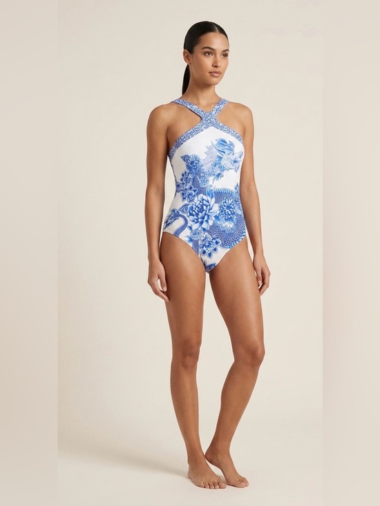 FARM Rio Other - Farm Rio Praia Blue White Dragon Floral One Piece Swimsuit Cross Neck runs small